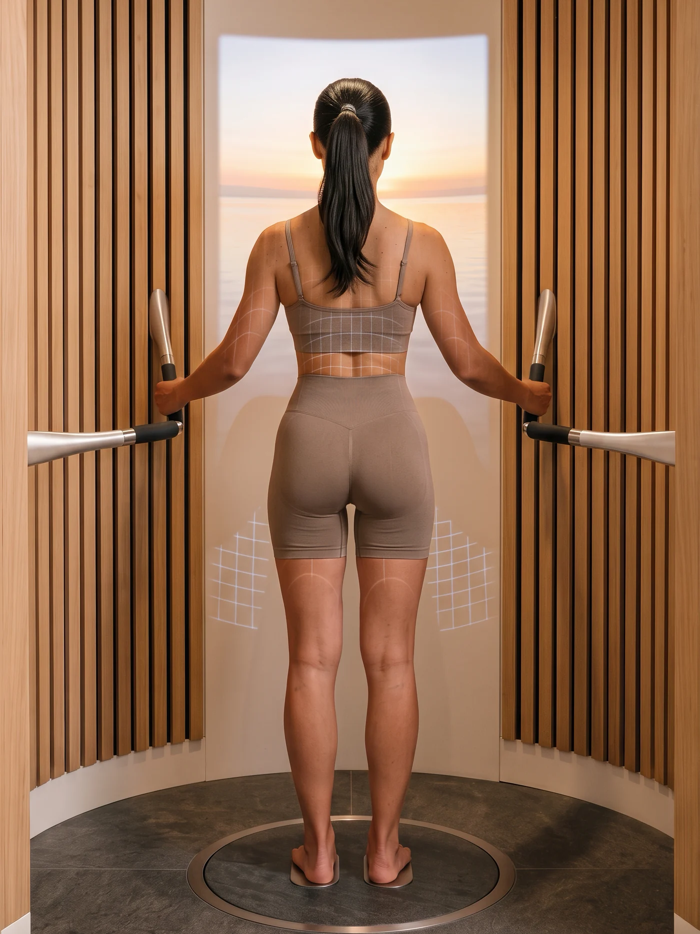 Concept render: a woman stands inside Soma Axon, hands on two steel grips, feet on the floor plate, while a light grid traces her back